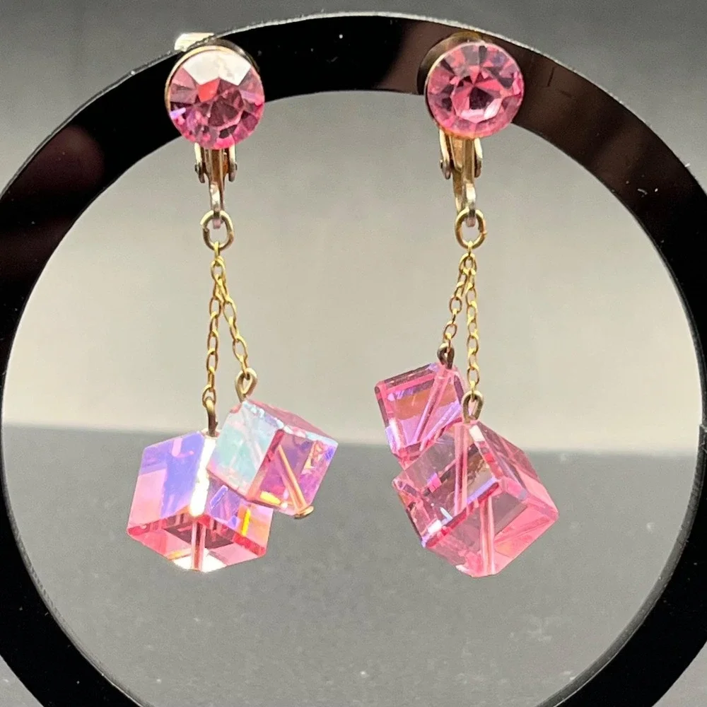 Vintage Pink AB Crystal‎ Cube Clip On Earrings Mid Century Geometric Drop 2